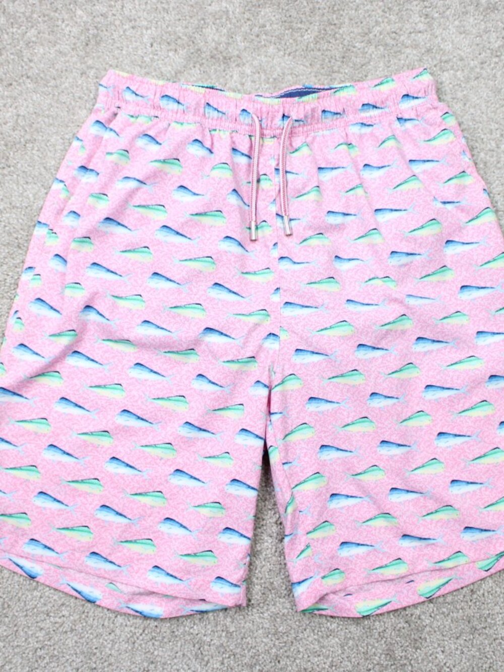 Peter Millar Seaside Swim Trunks Mens Medium Pink Fish AOP Mesh Lined Drawstring